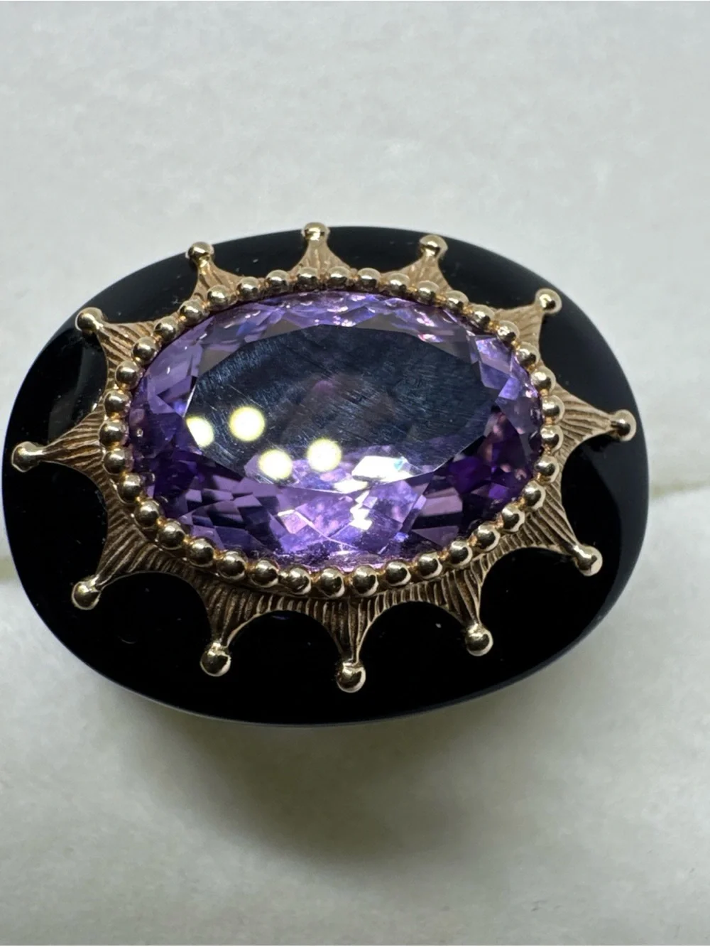 Black Onyx 14K Yellow Gold Oval Purple Amethyst Ring Size 6 Statement Piece